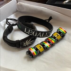 "Legalize" Leaf 🍃🍃😶‍🌫️ , Black Leather & Rasta Accent Bracelet 3 Piece Set